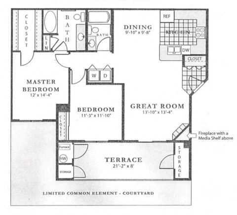 The Devonshire Floor Plan; A two bedroom, two bathroom apartment floor plan at Fox Run Lofts in Englewood, Colorado